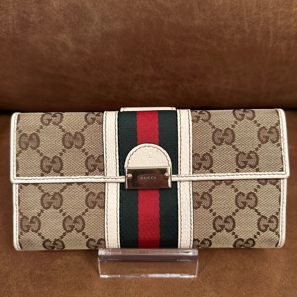 Gucci Ivory Leather/Canvas Monogram with Sherry Line Bifold Long Wallet - Picture 1 of 16